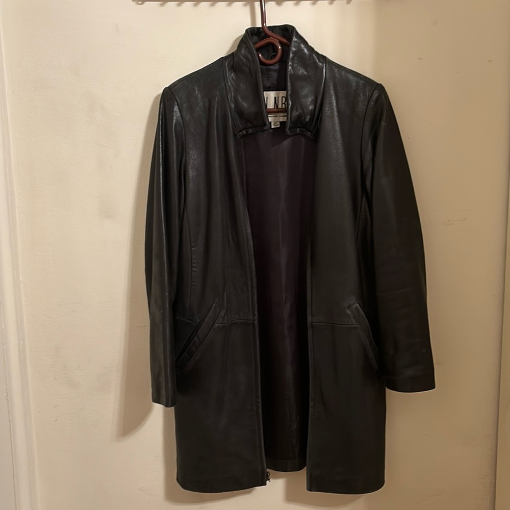 Vintage Black Long Leather Jacket in XS